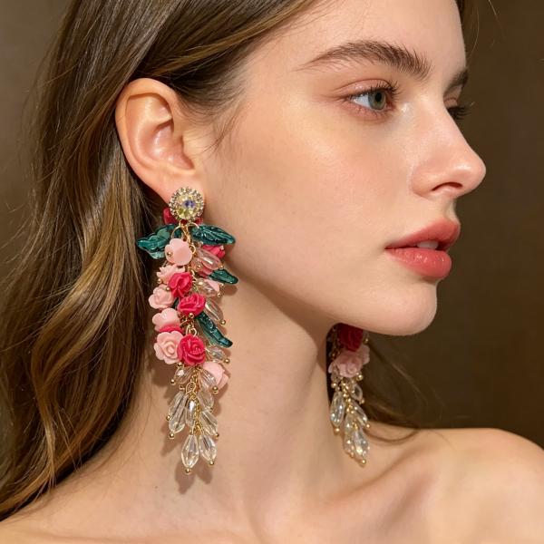 ANDKISS Pink Crystal Floral Tassel Statement Earrings — A High-End, Chic Design. Instantly "Instagrammable" and Perfect for Travel Photoshoots & Sightseeing Check-Ins. The Ultimate Gift Choice for Your Girlfriend or Best Friend.