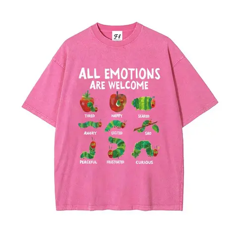 Women's Vintage Washed Oversized Short-Sleeve Cotton Graphic Tee - Solid, Athletic, "All Emotions Are Welcome" Hungry Caterpillar Mood Chart Print, Round Neck, Breathable Lightweight Streetwear, Loose-Fitting, Plus Size 3XL/4XL Xlarge Women's Fashion Top