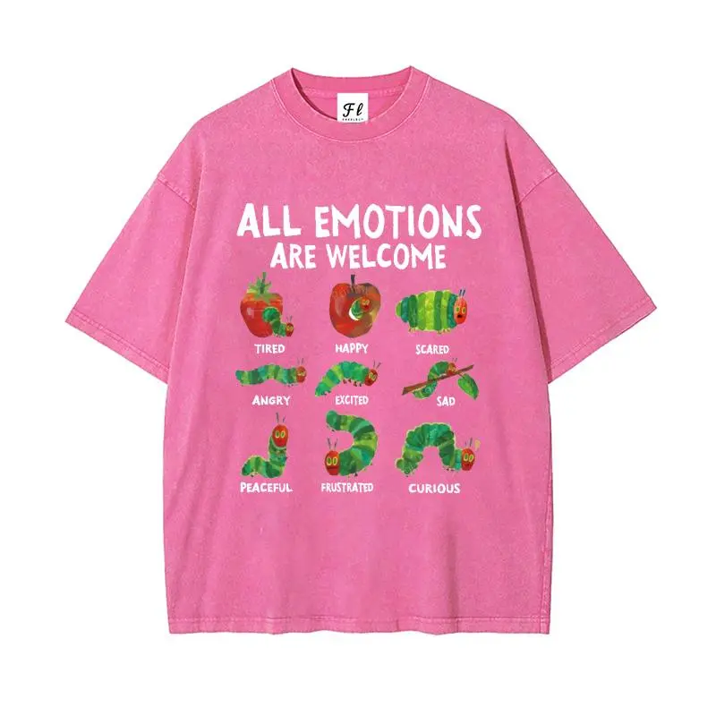Women's Vintage Washed Oversized Short-Sleeve Cotton Graphic Tee - Solid, Athletic, "All Emotions Are Welcome" Hungry Caterpillar Mood Chart Print, Round Neck, Breathable Lightweight Streetwear, Loose-Fitting, Plus Size 3XL/4XL Xlarge Women's Fashion Top