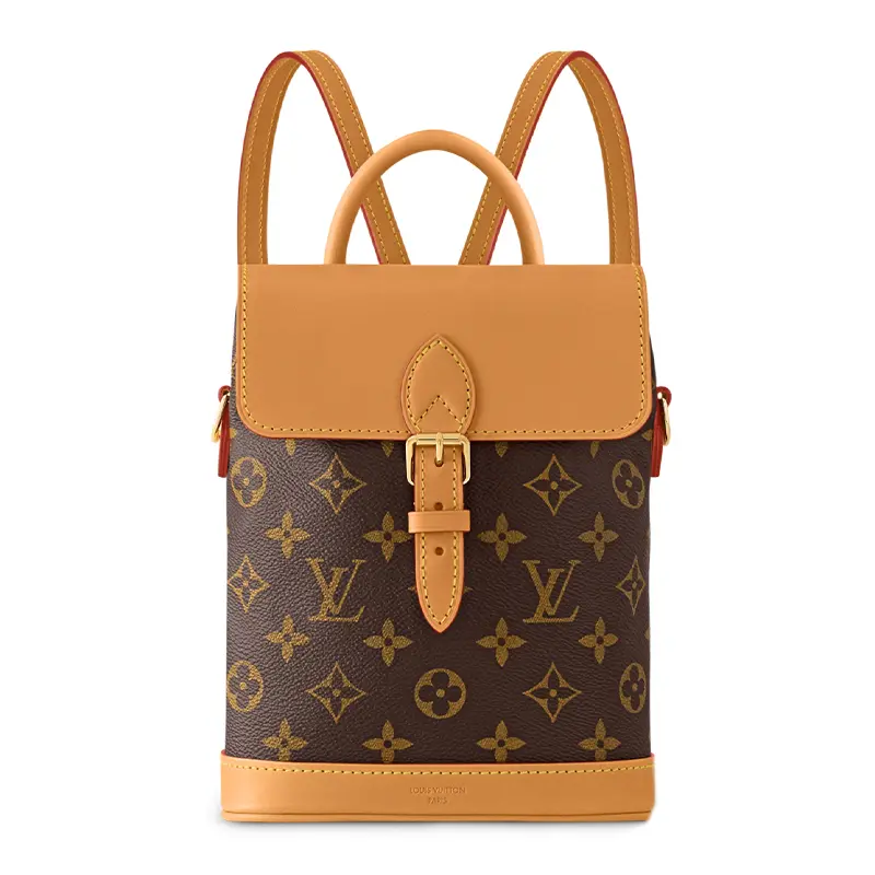 Women's Louis Vuitton Soho Mini Backpack - Classic Monogram Coated Canvas, Dark Brown & Tan Colorway Detail, City Style Functional Luggage Backpack, City Style Backpacks, Colorway Detail Backpacks