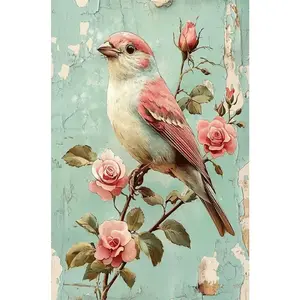 1PCS Vintage Bird Diamond Painting Kit with Pink Roses and Cracked Turquoise Background DIY Embroidery Ar