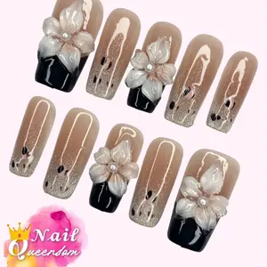 Nail Queendom [DESERT PEARLS] Handcrafted 3D Press-On Nails Reusables Long Lasting Salon Quality Easy Application 10 Pieces Set Eco-Friendly 3D-gel Finish