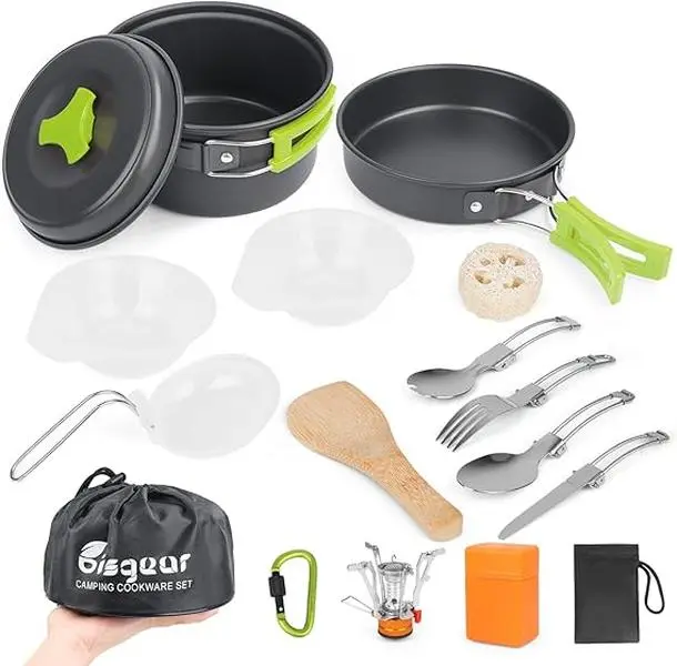 Bisgear 16pcs Camping Cookware Backpacking Stove Mess Kit – Camping Cooking Set - Camping Pots and Pans Set - Camping Accessories Equipment - Backpacking Supplies Survival Gear
