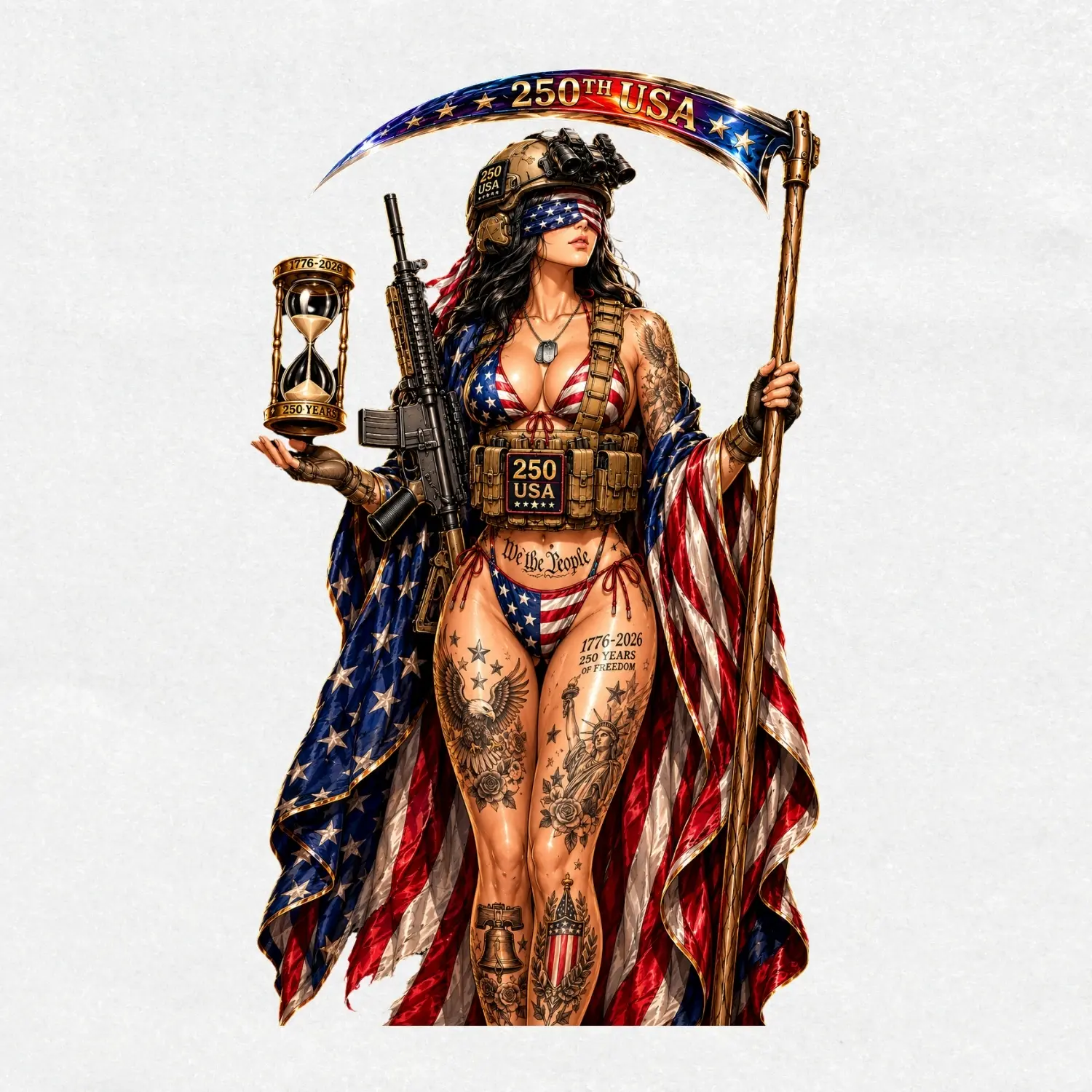 250th USA Grim Reaper Waifu Vinyl Sticker, Tactical Bikini Gun Girl Decal, Patriotic Tattoo Anime Art, 4th of July Sticker