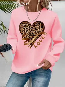 Women's Leopard Heart Valentine Print Round Neck Sweatshirt, Casual Fitted Pullover, All-Season Comfort, Easy Care Fabric
