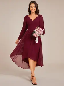 Ever-Pretty Long Sleeve V-Neck Midi Asymmetrical Hem Chiffon Bridesmaid Dress 02269