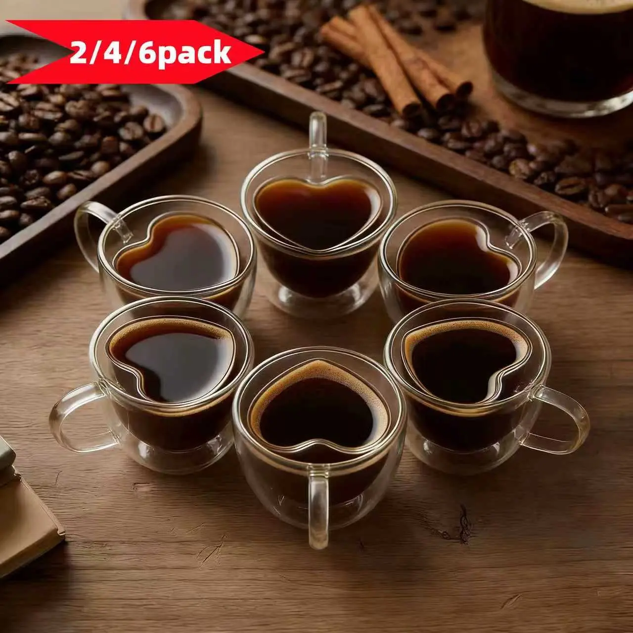 Set of 2/4/6 - 80ML Mini Heart Double Wall Glass Espresso Cups, Glass Coffee Cup, Heat Resistant Borosilicate Glass, Insulated Anti-Scalding, Romantic Gift, Double Wall Drinkware