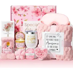 Birthday Gifts for Women Self Care Gift, Cherry Blossom Relaxing Spa Gift Baskets Bath Set Get Well Soon Care Package Valentines Day Gifts for Her Mom Women Sister Friend Wife Grandma w/ Blanket