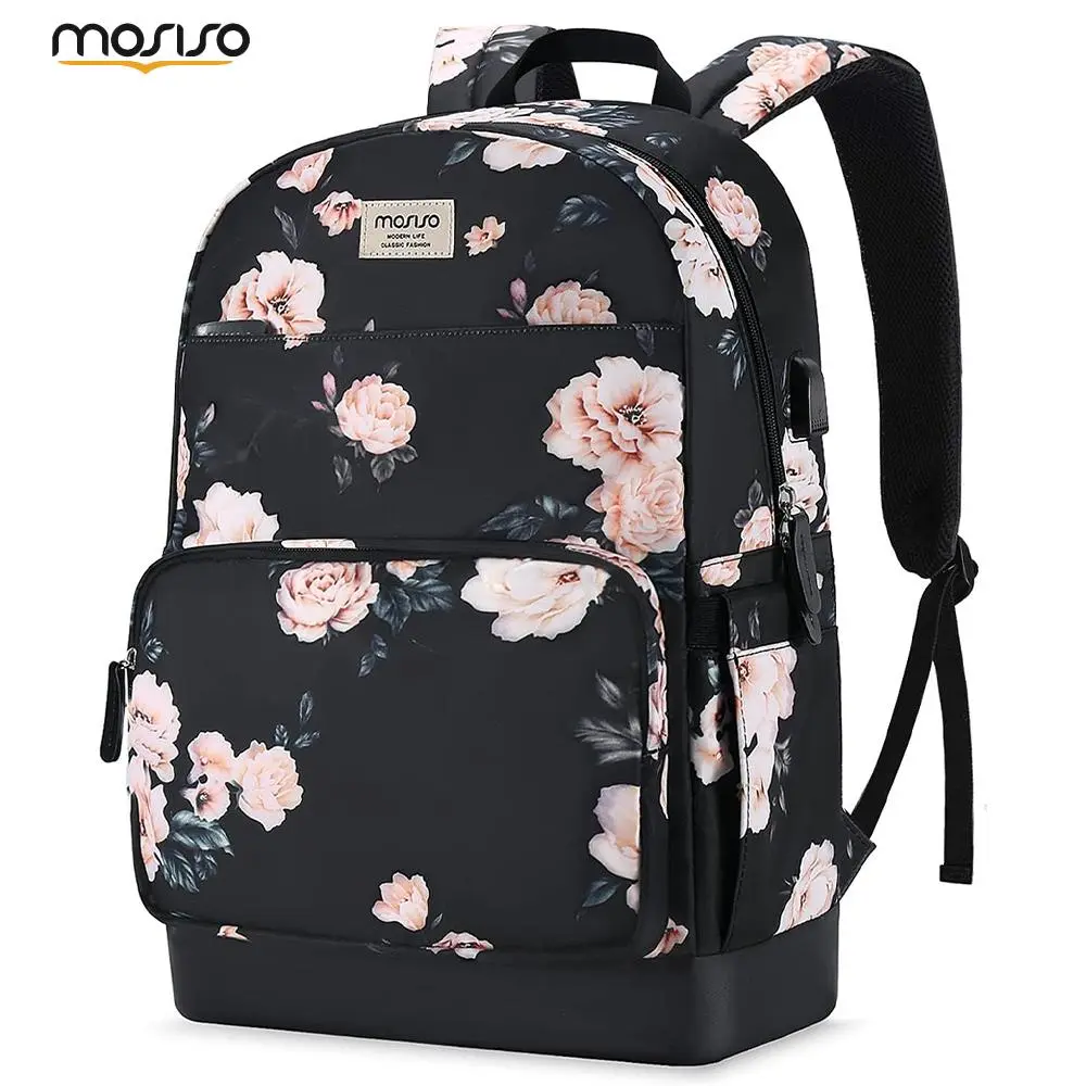 MOSISO Floral Flowers Synthetic Polyester Adult Anti-Theft Backpack - 2 Front Pockets, USB Port, Adjustable Shoulder Straps, Multi-Compartment 16 inch Laptop Bag for Back to School, Travel