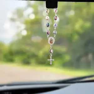 Vintage Style Mary And Jesus Cross Car Mirror Hanger - Metallic Finish - Perfect Gift for Car Enthusiasts