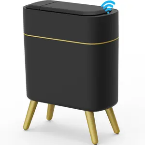 Bathroom Trash Can Automatic Touchless Modern  Trash Bin - Narrow  Basket for Bedroom, Laundry Room, Office, Plastic - Motion Sensor Garbage Can with Lid - Black with  Edge