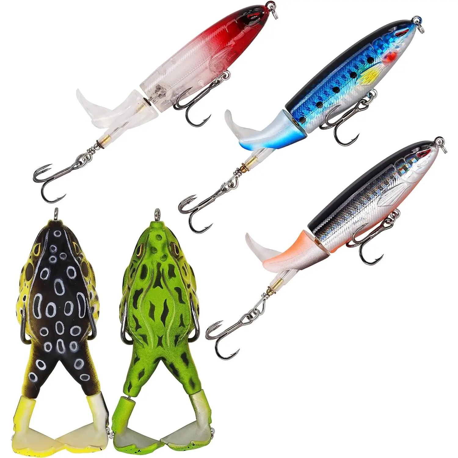 Topwater Bass Fishing Lure Kit  Plopping Propeller Tail Bigger Splash Whopping Soft Plastic Frog Bait 3D Eyes Lifelike Body Pattern for Snakehead Musky Pike Walleye 5 pcs...