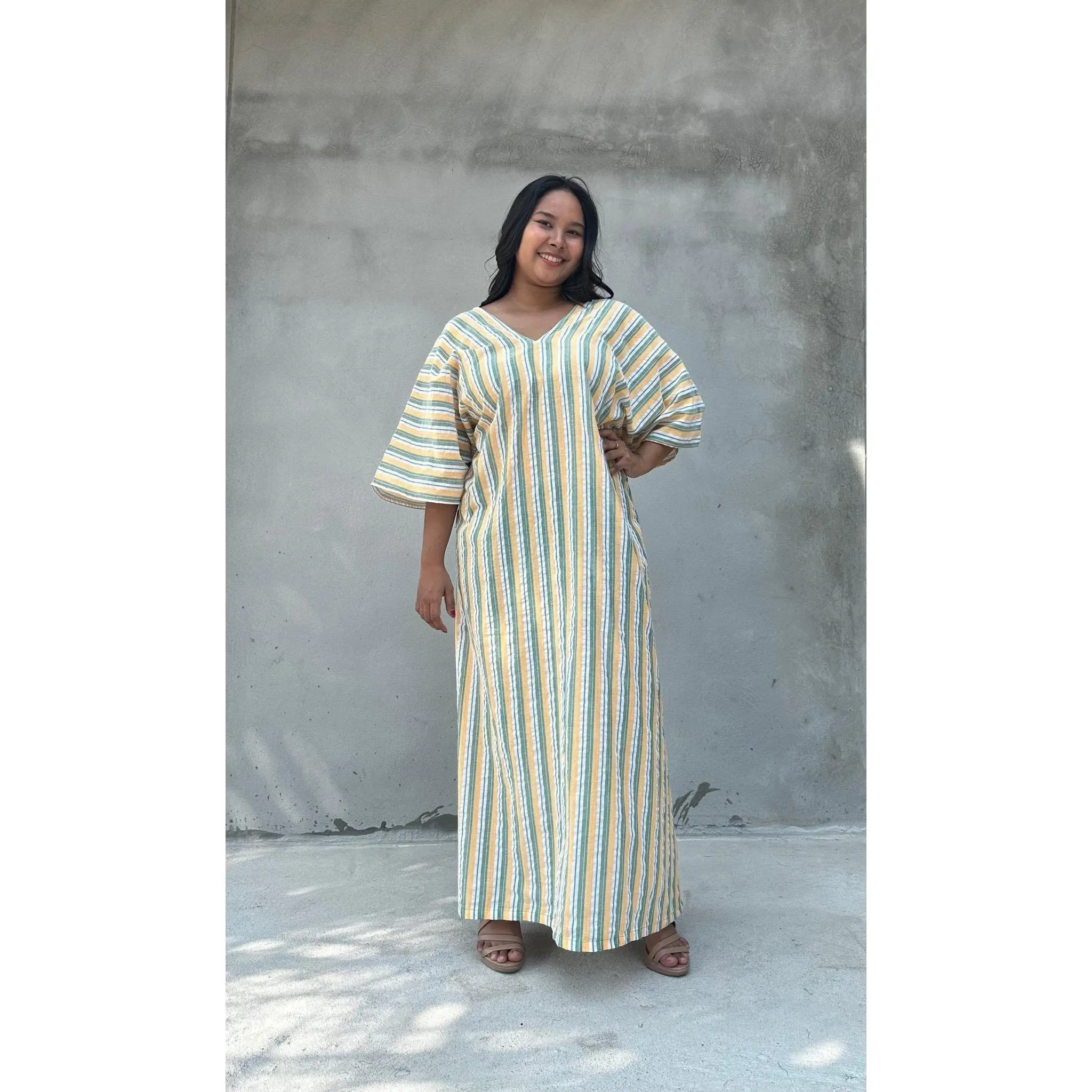 Plus Size Striped Cotton Kaftan in Yellow & Sage, Elegant Flowy Dress with a Textured Weave for Brunch & Travel, Gentle Structure, Flowing Kaftan
