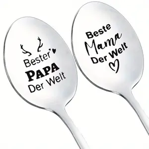Mirror Polished Stainless Steel Spoon, Engraved Long Handle Coffee Spoon, Personalized Couple Gift, Grandma & Grandpa Anniversary Present