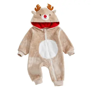 Baby Christmas Reindeer Romper Plush Long Sleeve Hood Zip Up Full Length Jumpsuit Fall Winter Clothes Toddler Outfit Solid Color Bodysuit