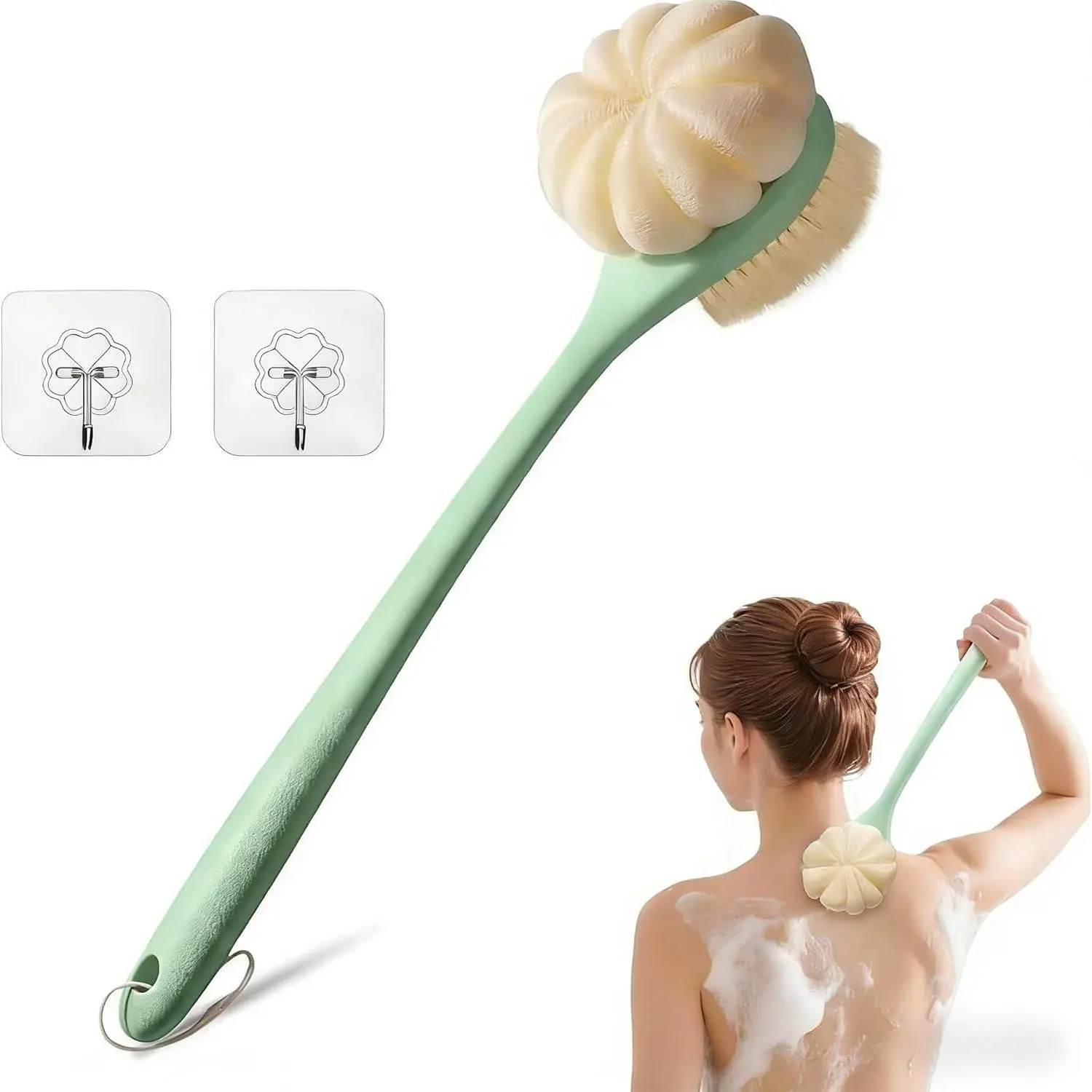 Long-Handled Bath Back Scrubber, 15.7" Loofah & Bristle Brush Bathing Accessories with Hanging Feature, Curved Handle for Hard-to-Reach Areas, Foam-Based Full-Body Body Brushes for Dry Brushing & Shower Cleansing