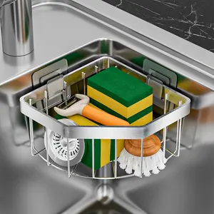 Sponge Holder Corner Sink Caddy Sink Organizer for Kitchen Bathroom Stainless Steel Triangle Soap Holder with 2 Pcs Adhesive Hook(L)