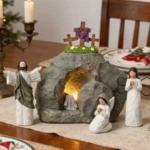 Collect Figurines, Empty Tomb Easter Scene and Cross Decoration, Easter Home Decoration, Resurrection Scene Cross Jesus Tomb Decoration, Christmas Decoration Jesus Statue Christmas Scene Religious Home Desktop Decoration Christian Gifts（Without Light）