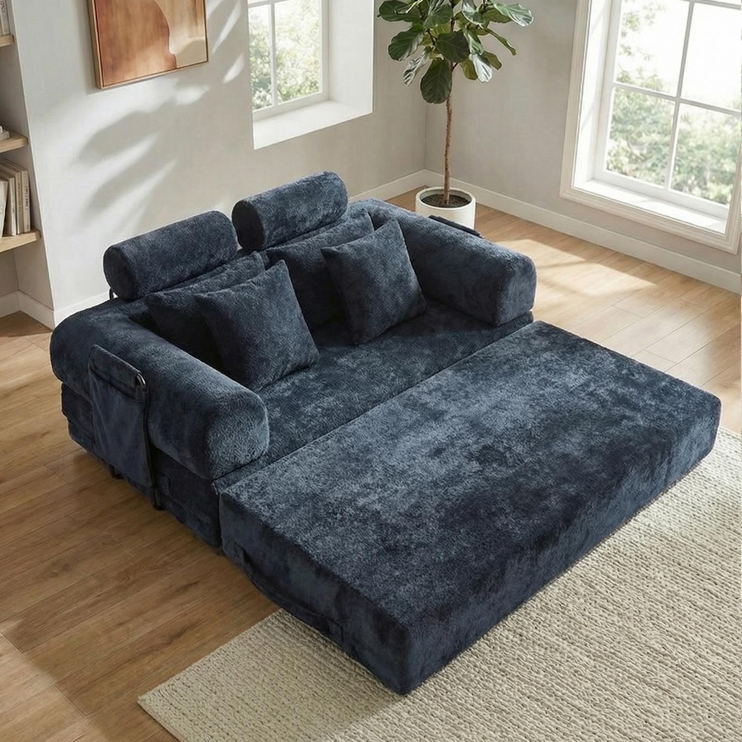 Large size double boneless convertible folding sofa bed with fixed shape frame and storage bag. Headrest design with pillow for dual comfort