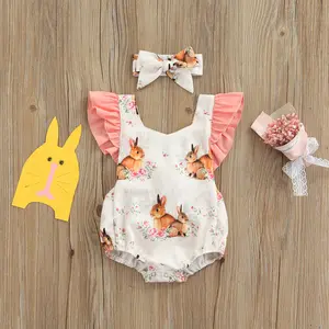 Imcute Infant Baby Girl Easter Romper Floral Rabbit Pattern Print Fly Sleeve Romper Onesie Bodysuit Headband 0-2T