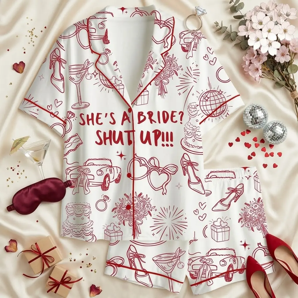 She's A Bride Shut Up Pajamas Set, Funny Bachelorette Party Pjs, Matching Bridesmaid Pajama, Short Sleeve Button Down Sleepwear, Trendy Bride To Be Gift, Wedding Morning Lounge Set, Red White Coquette Disco Bridal Shower Nightwear Outfits For Women
