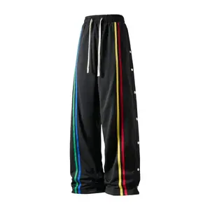 Contrast Color Striped Buttoned Casual Pants, Retro Sporty Style, Rich Button Details with Colorful Stripes, Perfect for Hanging out with Friends or Exploring Trendy Shops