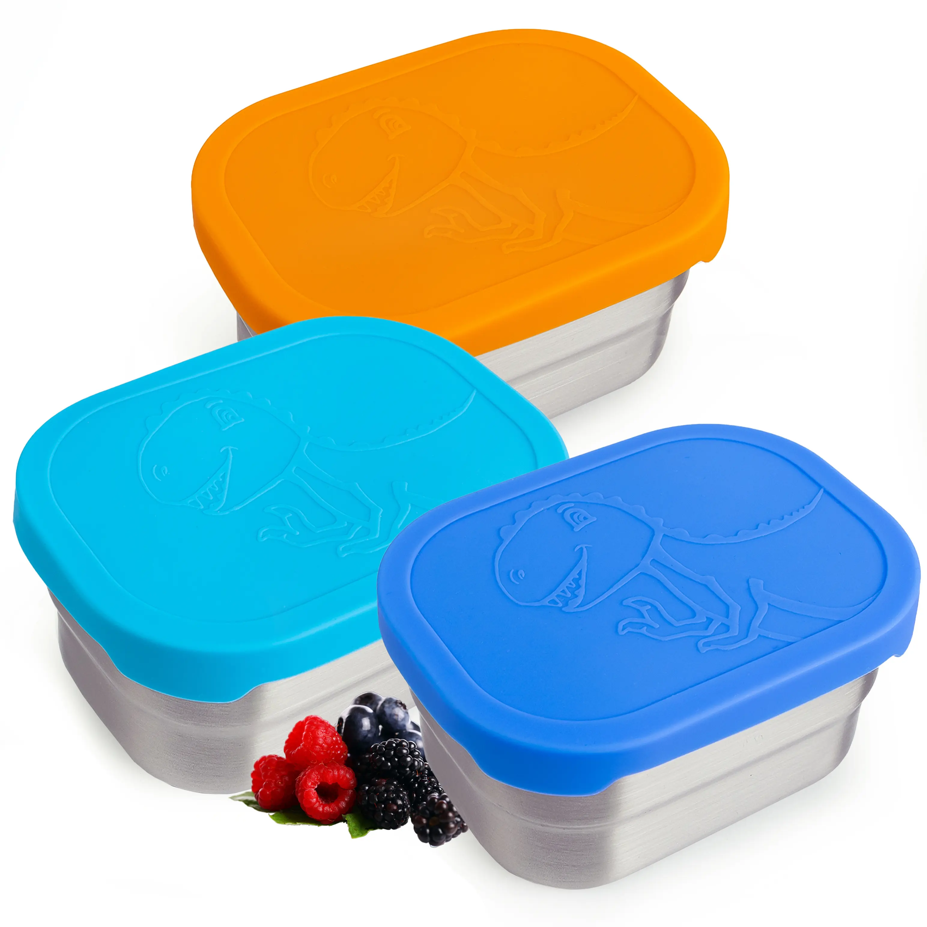 JoiaHaus Kids Stainless Steel Lunch Container Set - 3 Pack, Dinosaur & Unicorn Design, Leakproof, Shatterproof, BPA-Free & Non-Toxic Silicone Lids