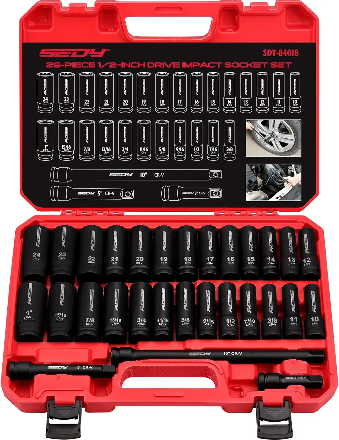 29-Piece 1/2" Drive Impact Socket Set, SAE (3/8 to 1 inch) and Metric (10-24mm) Sizes with Extension Bars Standard Deep Socket Set CR-V Material High Durability Impact Wrench,father'sdaygifts