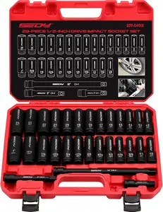 29-Piece 1/2" Drive Impact Socket Set, SAE (3/8 to 1 inch) and Metric (10-24mm) Sizes with Extension Bars Standard Deep Socket Set CR-V Material High Durability Impact Wrench
