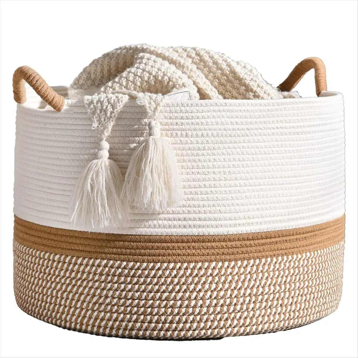 Large Cotton Rope Blanket Basket for Storage, Laundry, Nursery Foldable Storage Basket Dirty Clothes Basket