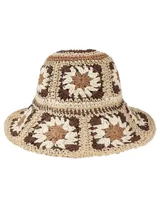 Multicolor Floral Crochet Straw Sun Hat Foldable Packable Wide Brim Bucket Hat Summer Beach Hat for Women