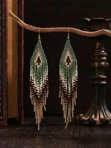 A pair of elegant fringed beaded earrings. Ladies' long fringed earrings. Retro style. Rhombus geometry. Green gradient from beige to brown fringes. Hand-woven beaded. Suitable for daily wear. Versatile for formal and casual outfits. The best gift choice.