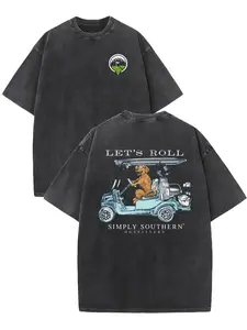 Retro Washed Cotton T-Shirt - This casual short-sleeved crew neck T-shirt features a Southern golf cart and golden retriever print, giving it a retro Y2K style. Suitable for both men and women. Summer Women's Street Style Crew Neck T-Shirt