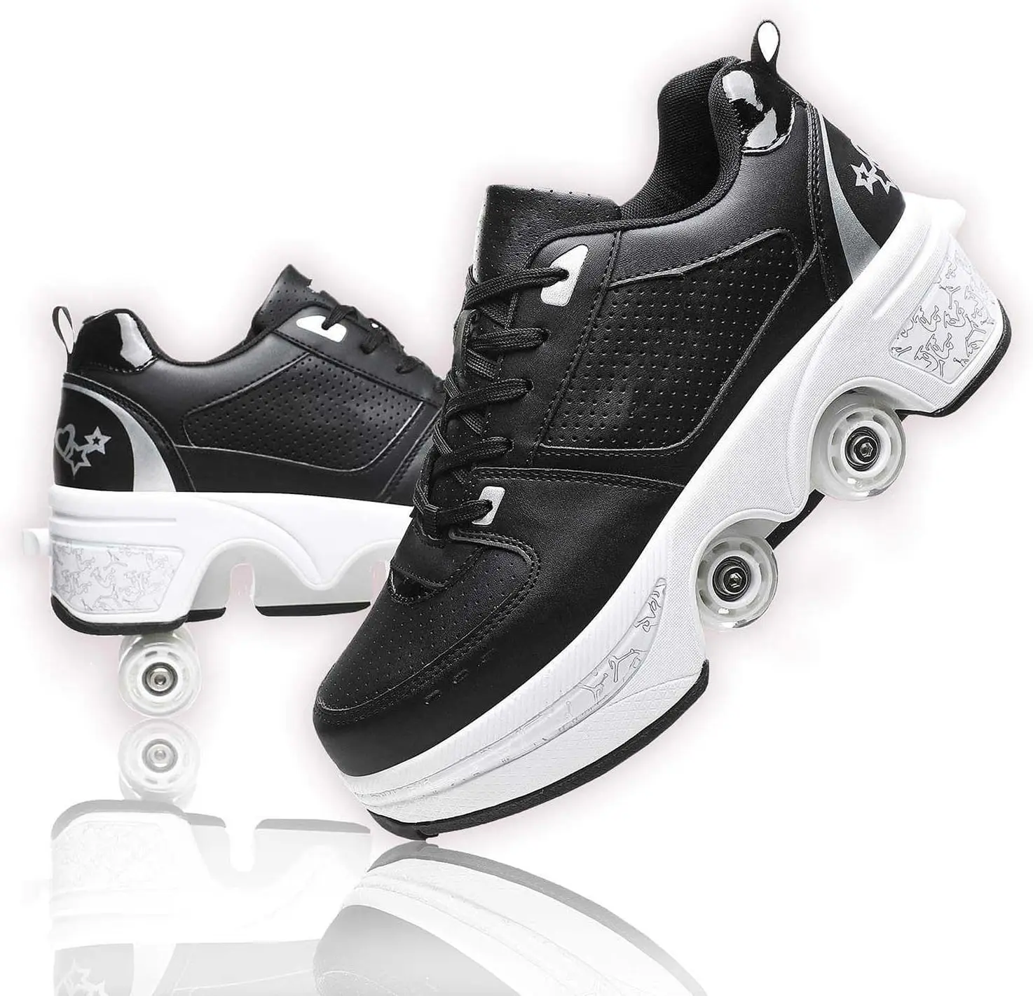 UonrvaoN Men's Adjustable Rollerskates - 4-Wheel Retractable 2-in-1 Mesh Upper Sports Skating Shoes, Outdoor Casual Trainers with Wear-Resistant Rubber Outsole, Black Silver