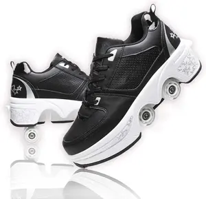 UonrvaoN Roller Skate Shoes,Rollerblades,Inlineskates,4Wheel Retractable Roller Skates,2-in-1 Roller ShoesOutdoor Sneakers With Wheels,Black silver