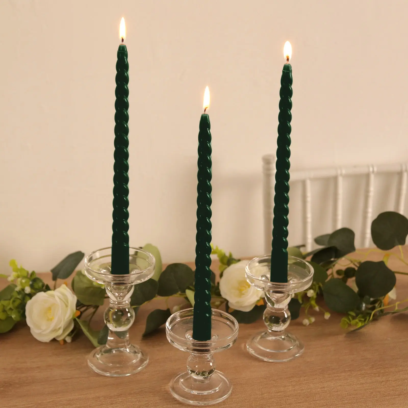 Formal Premium Unscented Spiral Wax Taper Candles, 12-Pack Bulk Pack 11" Hunter Emerald Green Decorated Dinner Candle Sticks with Long Burn Wick for Home Decor, Wedding Centerpieces, Watch Party, Decorated Candles