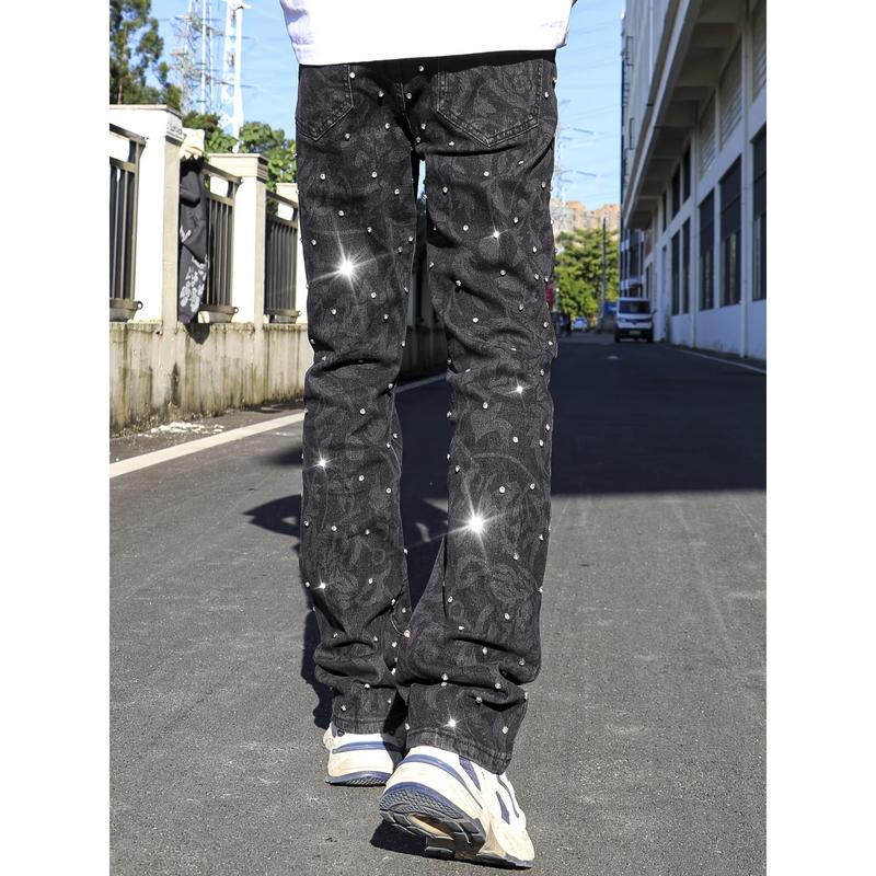 Y2K Men's Shiny Rhinestone Embellished Stretch Slim-Fit Jeans, Casual Street Style Hip-Hop Skateboarding Rap Pants, Machine Washable - All-Season Wear