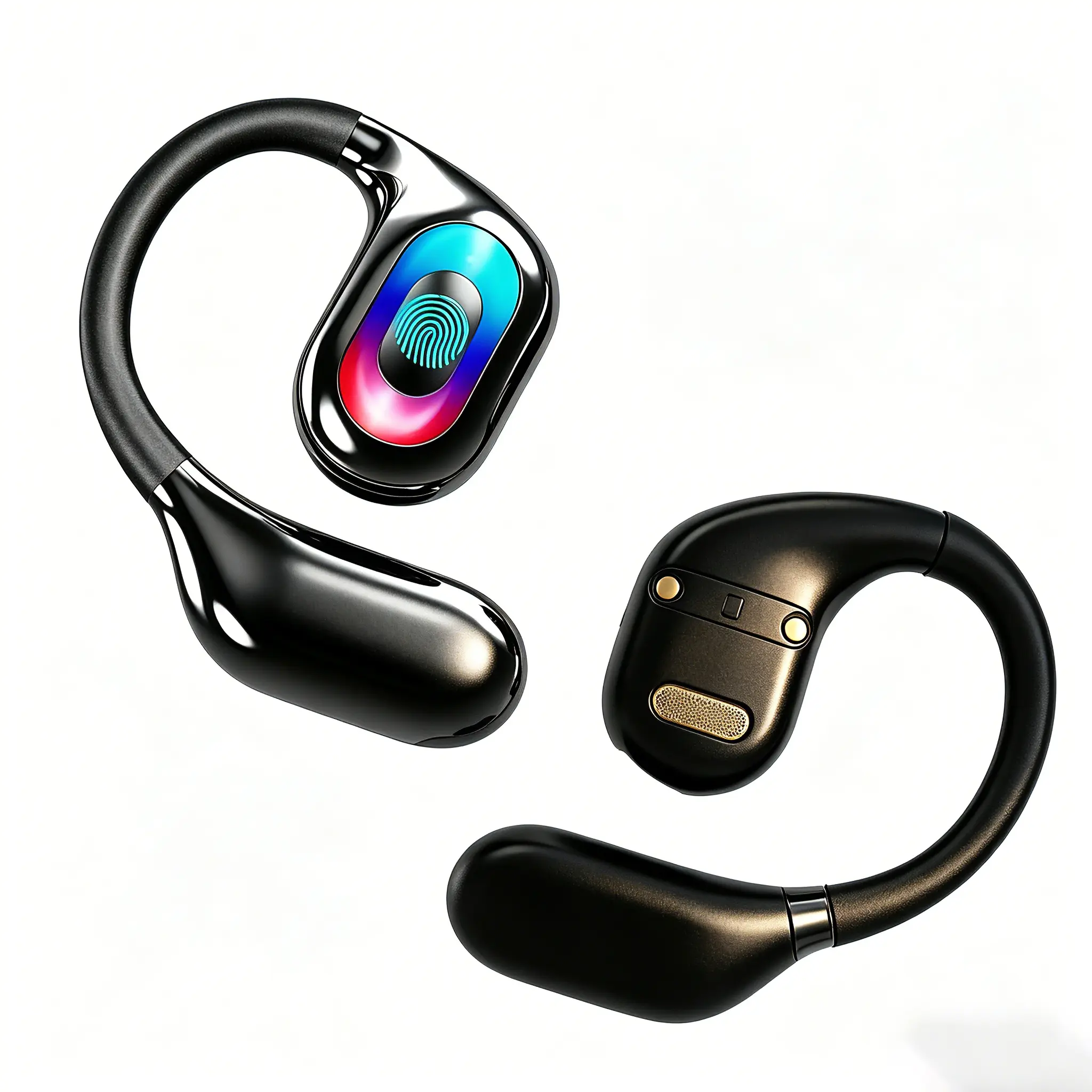Open ear earbuds: comfortable, no blocking. Bluetooth 5.4: stable, low latency. 16mm drivers: stereo sound, clear treble/bass. 40hrs playback, 6-8hrs/charge; Type-C fast charge, ergonomic hooks. Touch control; lightweight, compact.