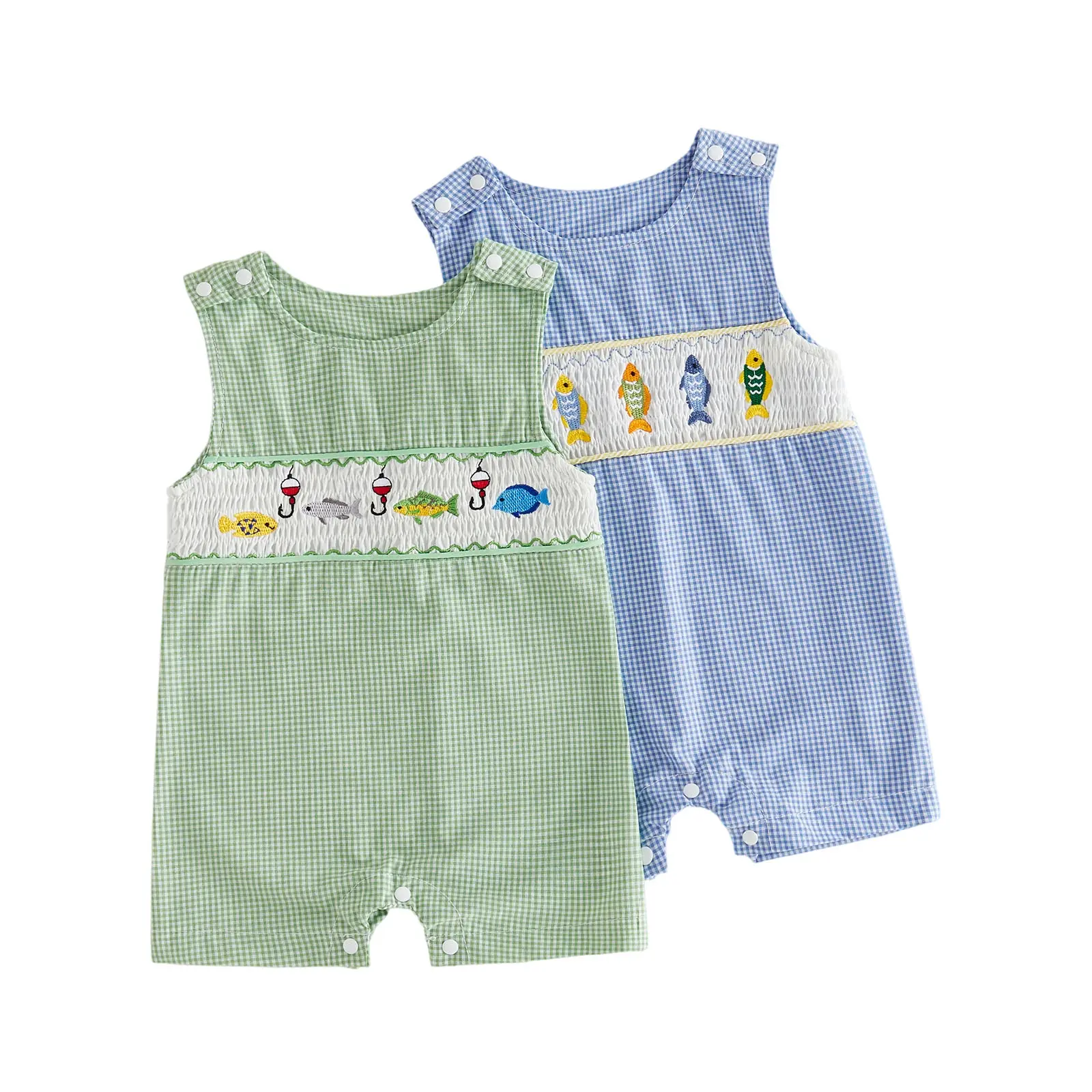 Infant Baby Boy Overall Plaid Rompers Fish Embroidered Snap Shoulder Sleeveless Jumpsuits 0-24 Months