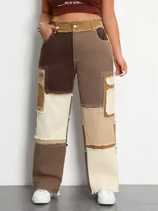 Plus Size Women's Color Block Patchwork Wide Leg Jeans, Stylish Casual Denim Jeans for Comfortable Everyday Wear, Trendy Plus Size Fashion