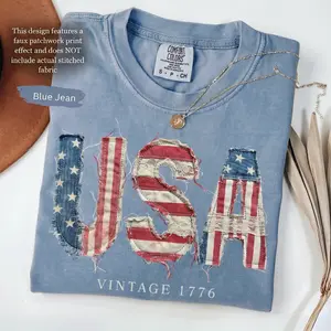 (FAUX PATCHWORK-PRINT) Comfort Colors 4th of July Shirt, FAUX Patchwork USA Shirt, Digital Print Tee, Retro American Shirt, Patriotic Shirt, Fourth of July Tee, Patriotism Top - HARSIN