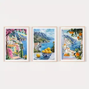 2D Flat, Set of 3 Amalfi Coast Art Prints, Vibrant Summer Mediterranean Artwork, Italian Coastal Scenery Posters, Travel Season Holiday Coastal Decor Oil Paintings, Not Framed