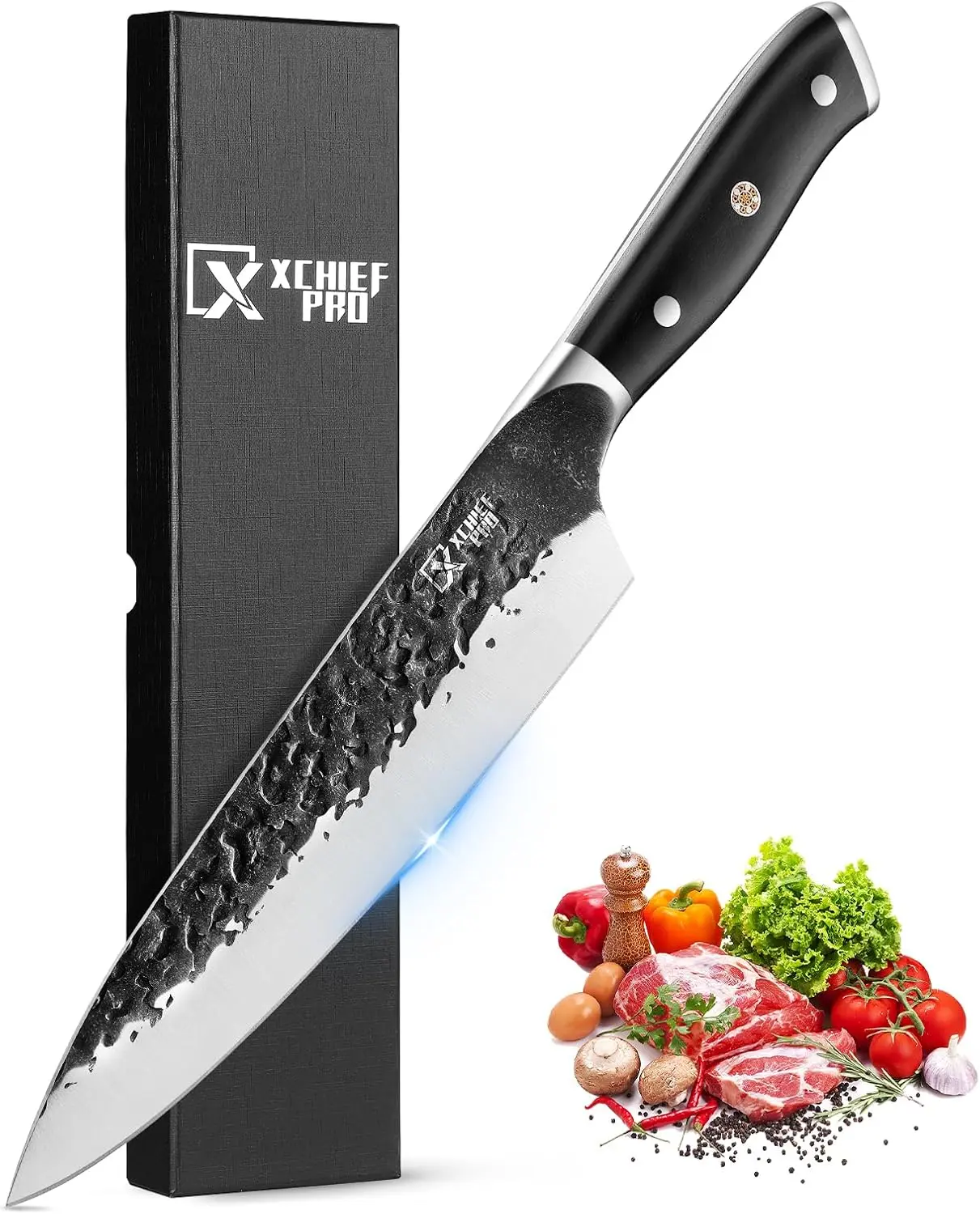 XCHIEF PRO 8" Chef Knife - Butcher Knife for Meat, Japanese High Carbon Meat Cleaver Knife, Hand Forged Meat Cutting Knife, Ultra Sharp Kitchen Knife for Home, Camping BBQ Cooking Knife
