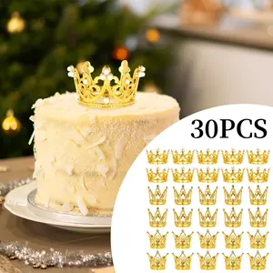 30 Pieces Crown Flower Bouquets, Golden Crown Cake Toppings, Bridal Wedding Shower Party Cake Toppings, Birthday Crown Paper Cupcake Toppings