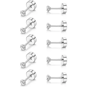 FLORIDECO 5Pairs Titanium Earrings for Women Girls G23 Titanium Stud Earrings for Sensitive Ears Studs Hypoallergenic 20G Flat Back Piercing Sleeper Cartilage Stud Earrings Set Daily