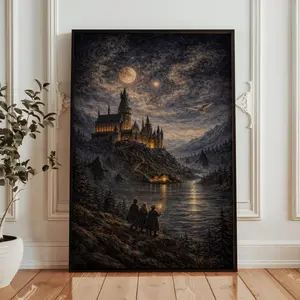 [Sale up to 50%] [Free Ship] Harry Potter Starry Night Wall Art Print, Hogwarts Castle Night Sky Poster, Wizard Fantasy Decor Gift
