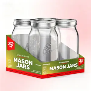 Wide Mouth Glass Canning Jars 32 oz [4 Pack] with Airtight Lids and Bands, Mason Jars for Fermenting, Pickling, and Jar Decor, Microwave and Dishwasher Safe Reusable Canning Supplies
