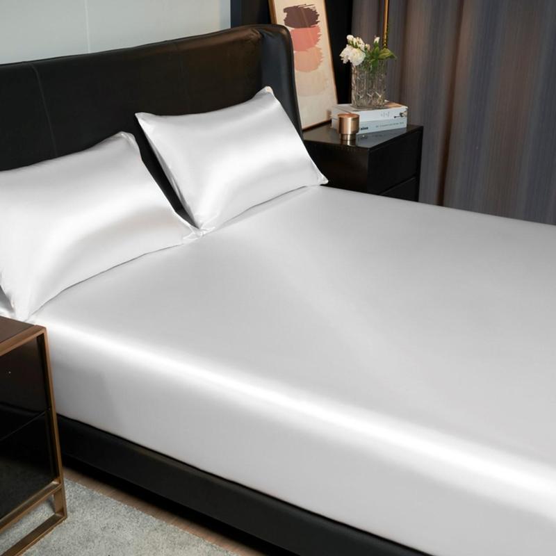 Solid Color Satin Fitted Sheet Set, 3 Counts/set Including 1 Fitted Sheet & 2 Pillowcase without Filler, Soft Comfortable Bedding Set for Bedroom, Dormitory, Hotel