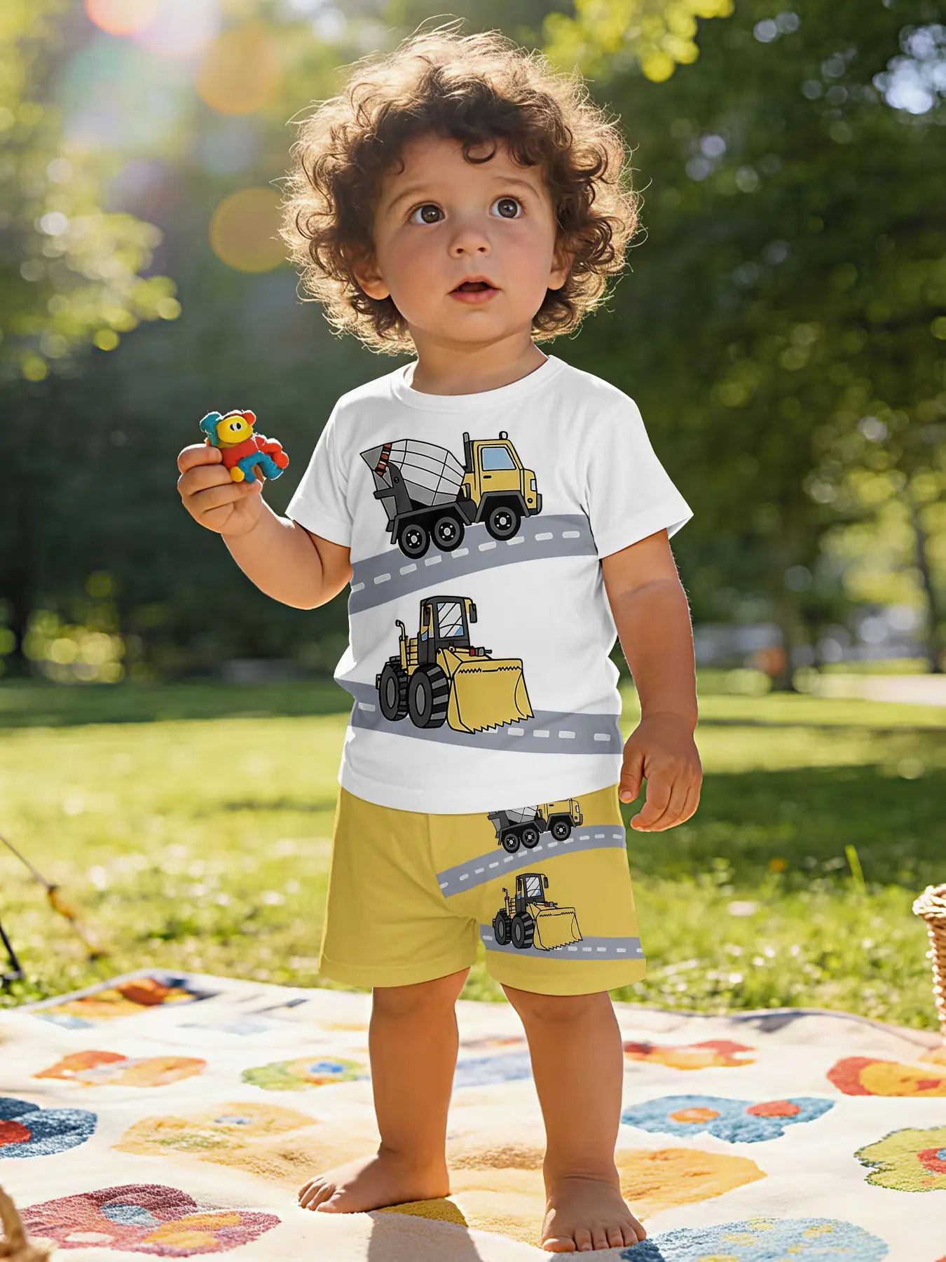 Engineering vehicle printed baby short-sleeve set, Summer, T-shirt suitable for daily and outdoor sports. Made of 100% polyester, a perfect gift for infants and toddlers, Infant Toddler Clothes!