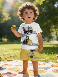 Sunny and childlike engineering vehicle printed baby short-sleeve set, casual kids' wear for babies, T-shirt suitable for daily and outdoor sports. Made of 100% polyester, it is a perfect gift for infants and toddlers!